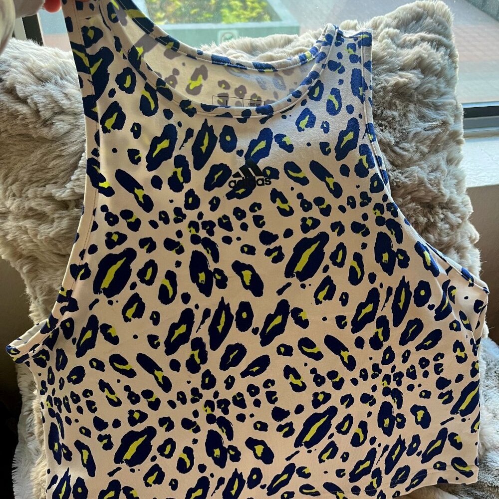 Adidas White/Blue Leopard Print Athletic Tank Top - women's size Large